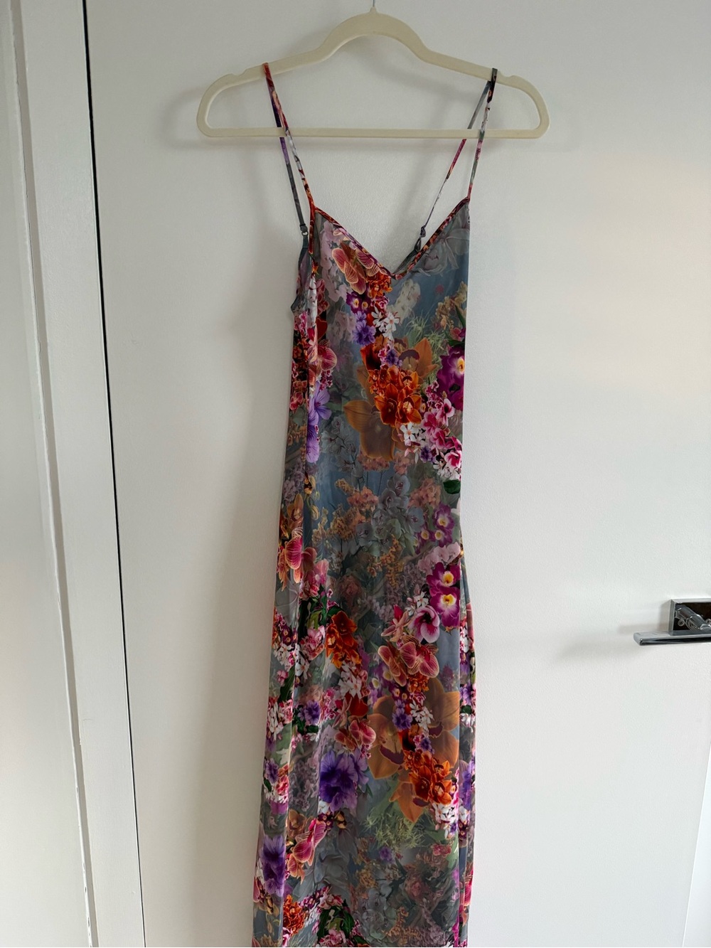 AllSaints Floral Slip Maxi Dress in Gray with Pink, Purple & Orange Blooms
